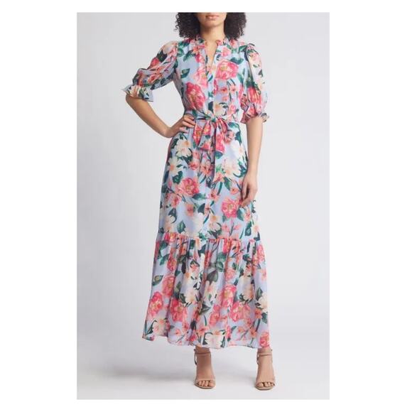 Eliza J Blue Floral Belted Maxi Shirt Dress Sz.4 NWT - Picture 1 of 16